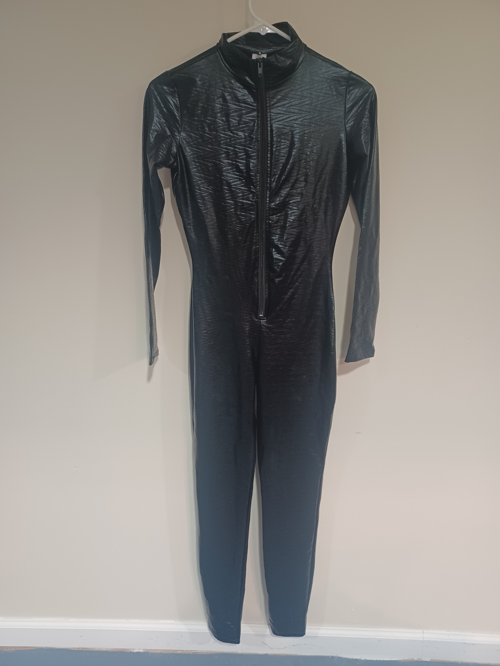 Fashion Nova Shiny Black Zip-Front Long-Sleeve Jumpsuit